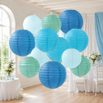 12-Piece Blue Round Paper Lantern Set in Assorted 6", 8", 10", and 12" Sizes for Chinese-Style Hanging Home, Party, and Wedding Decor