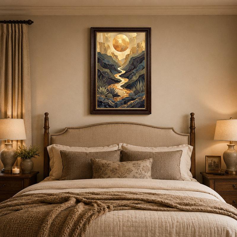 «Golden Mountains River and Succulents Gold Leaf», art mural sur toile abstraite, 24"H x 16"W