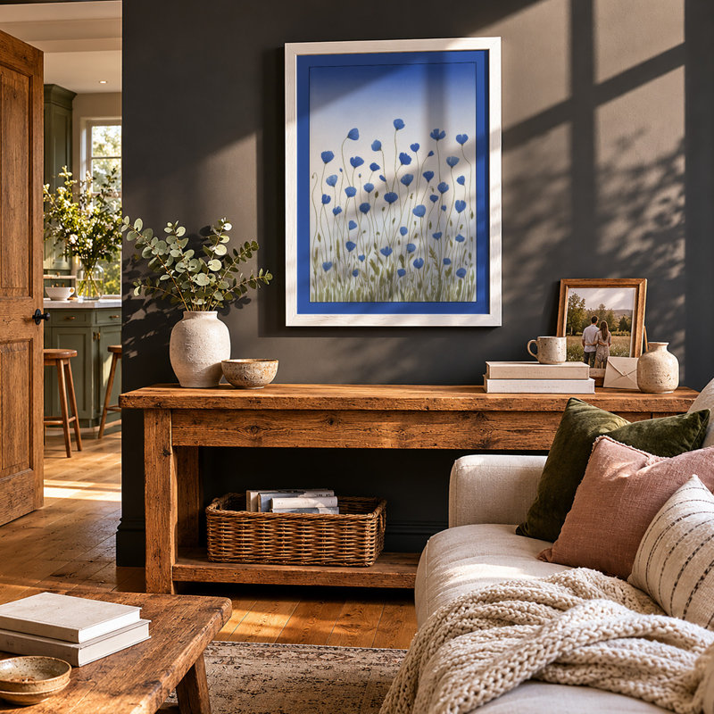 Blue Wildflower Meadow Botanical - Framed Print, A3 - 42.0 x 29.7 cm, White