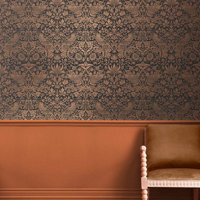 William Morris At Home Strawberry Thief Floral Wallpaper, Black