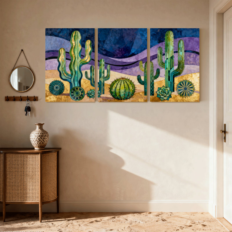 «Cactus Desert Cactus Landscape», ensemble de 3 impressions sur toile, H 24 po x l 48 po
