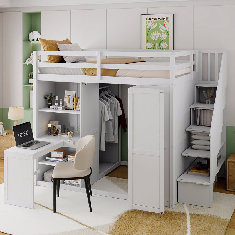Structure de lit mezzanine pleine grandeur avec rangement pour garde-robe intégré, bureau et tablettes, finition blanche