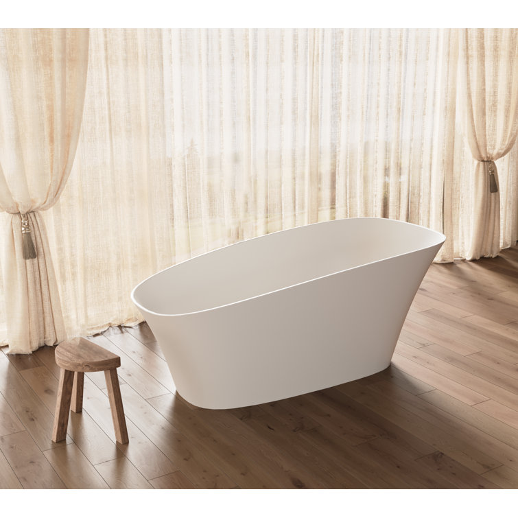 63" Freestanding Bathtub Solid Surface Deep Soaking Tubs With Ergonomic Curved Backrest Design ,Tub with Slight Damage On The Bottom