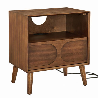 Mid Century Modern Fluted Nightstand with Charging Station USB Ports & Outlet Hole & 4 Solid Wood Legs, Farmhouse End Table with Open Space and Drawer Dresser, Walnut
