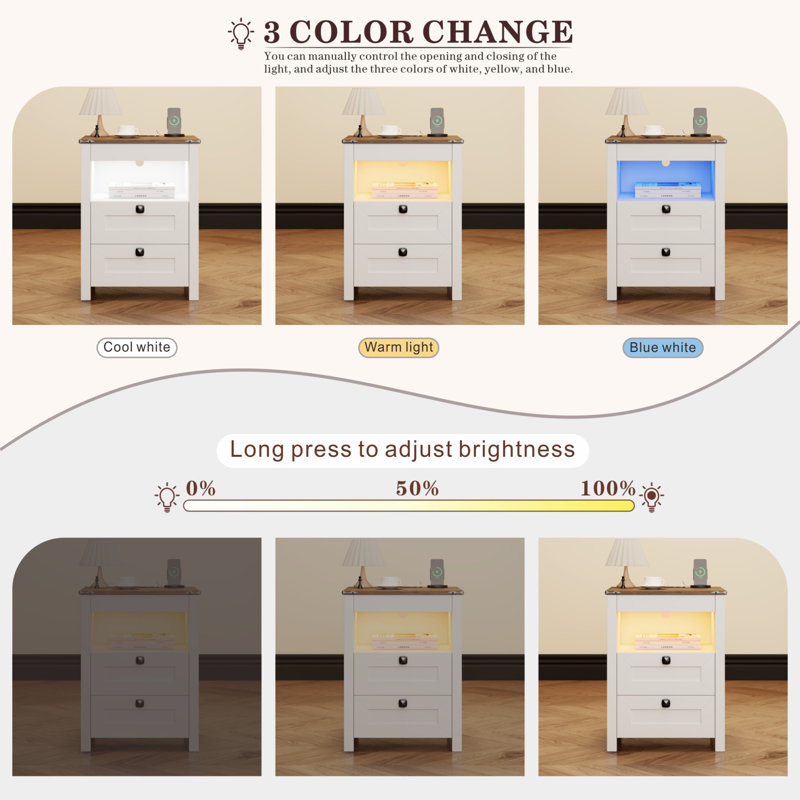 17.3"W 2 - Drawers Nightstand with LED light, Farmhouse End Table with  Wireless Charger& Human Sensor, White