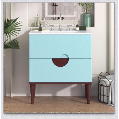 Ensemble de meuble-lavabo 30 po avec lavabo en céramique, meuble de rangement moderne à 2 tiroirs avec cadre en bois massif, bleu