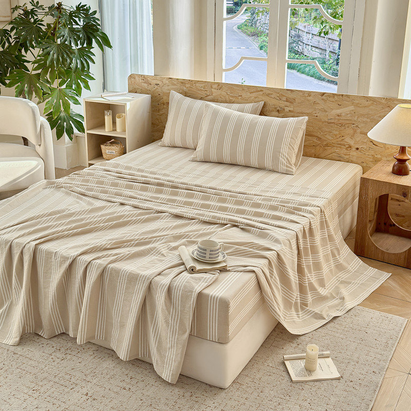 Striped Bed Sheet Set 4 Pieces Soft Washed Cotton 1 Flat Sheet 1 Fitted Sheet 2 Pillowcases, Linen Striped