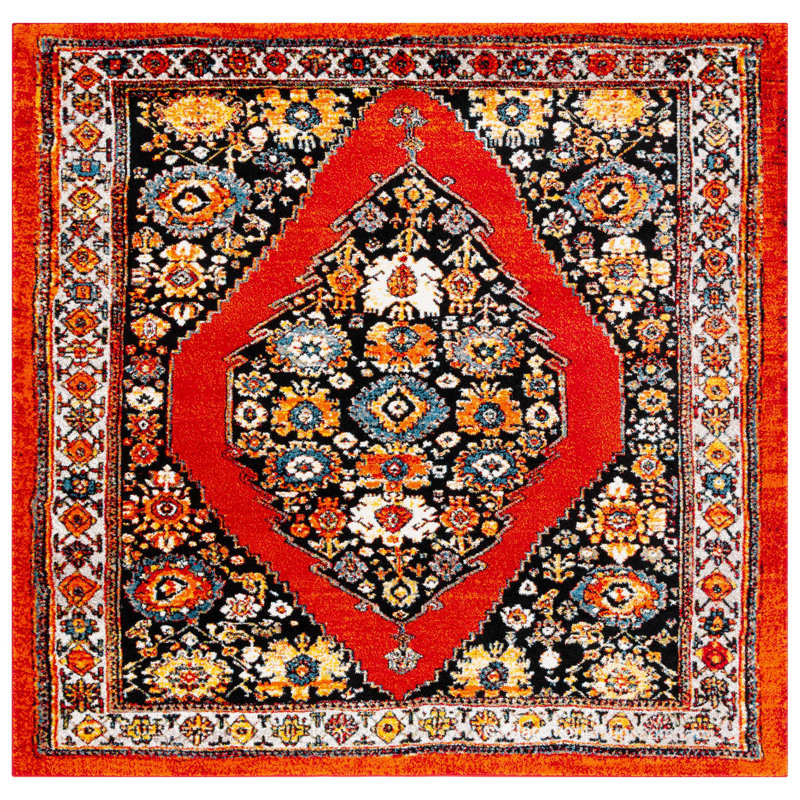 Tapis rétro rouge / noir Hamadan 265, Carré 6 pi 7 po