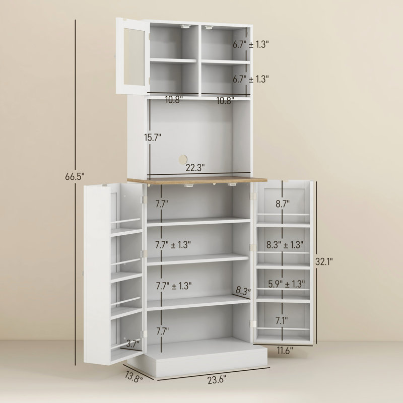 Armoire de 66,5 po, rangement de cuisine autoportant, 8 tablettes avec portes, réglables, blanches pour la salle à manger et tablettes réglables. Blanc. Espace de rangement pratique. Armoires polyvalentes