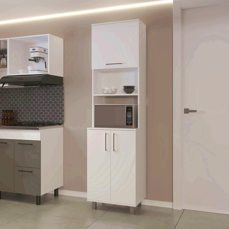 Garde-manger avec 2 portes pneumatiques, rangement ouvert et armoire inférieure, blanc.