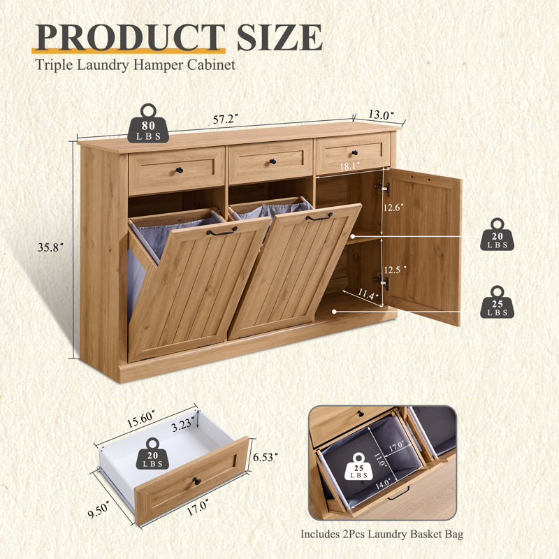 Triple Tilt Out Laundry Hamper Cabinet, 20 Gallon Farmhouse Trash Can Cabinet w/Drawer & Adjustable Shelf, Hidden Garbage Can Bin Cabinets w/Laundry Basket