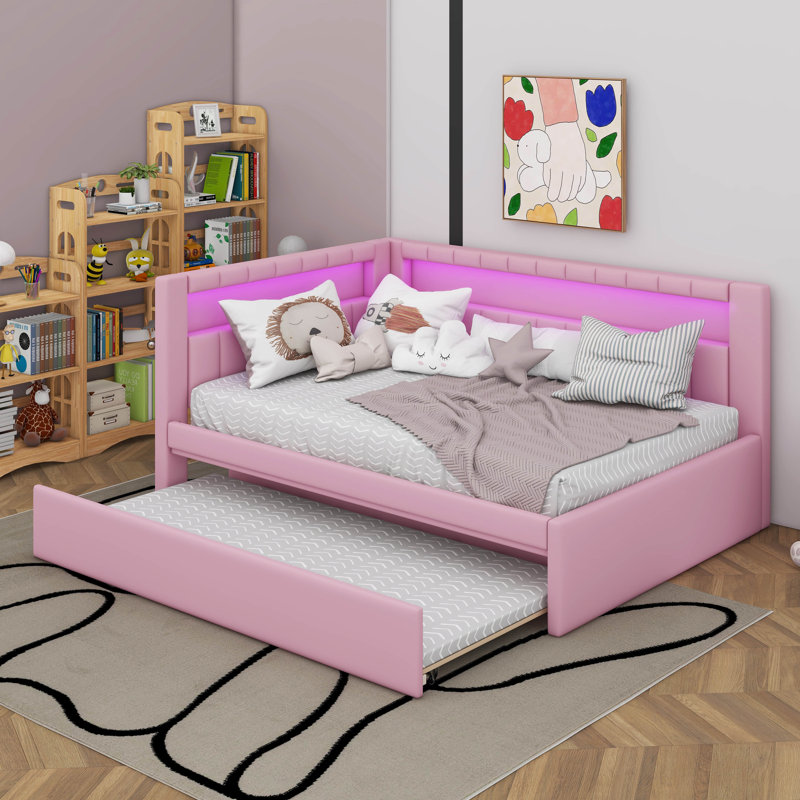 Lit plateforme avec ports USB, Lit double, Rose