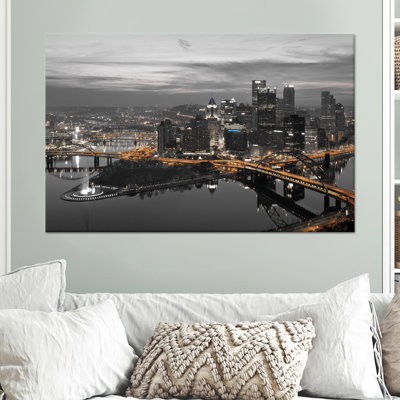 Pittsburgh Pennsylvania Night Canvas Print: Panoramic Wall Art,1P WhiteFramedCanvas