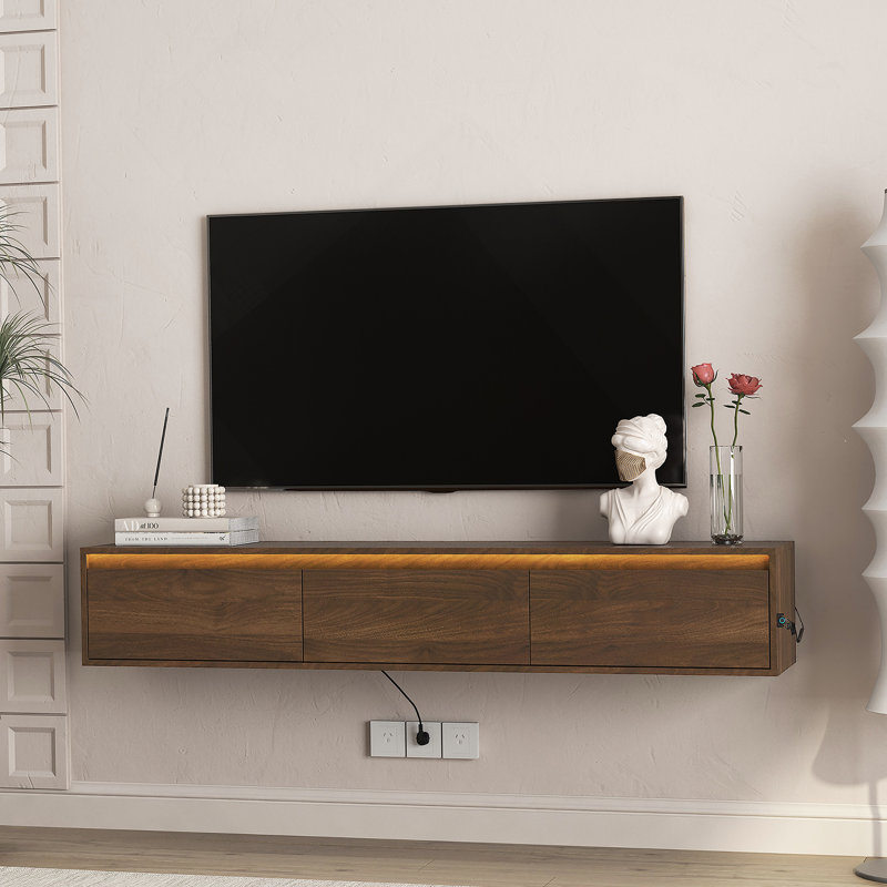 Meuble télé flottant, meuble télé mural avec lumières DEL et prise de courant pour le salon, Bois