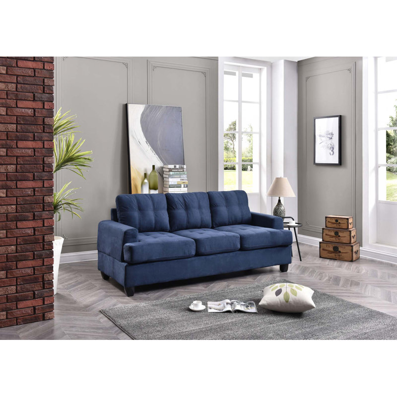 79" Microfiber Sofa, Black, Navy Blue Microfiber/Microsuede