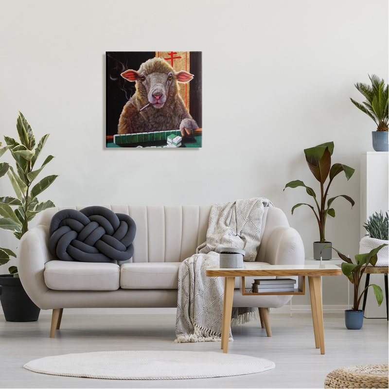 Moutons jouant au jeu de tuiles de mahjong, animal fumant par Lucia Heffernan, L 24 po x H 24 po, Toile tendue