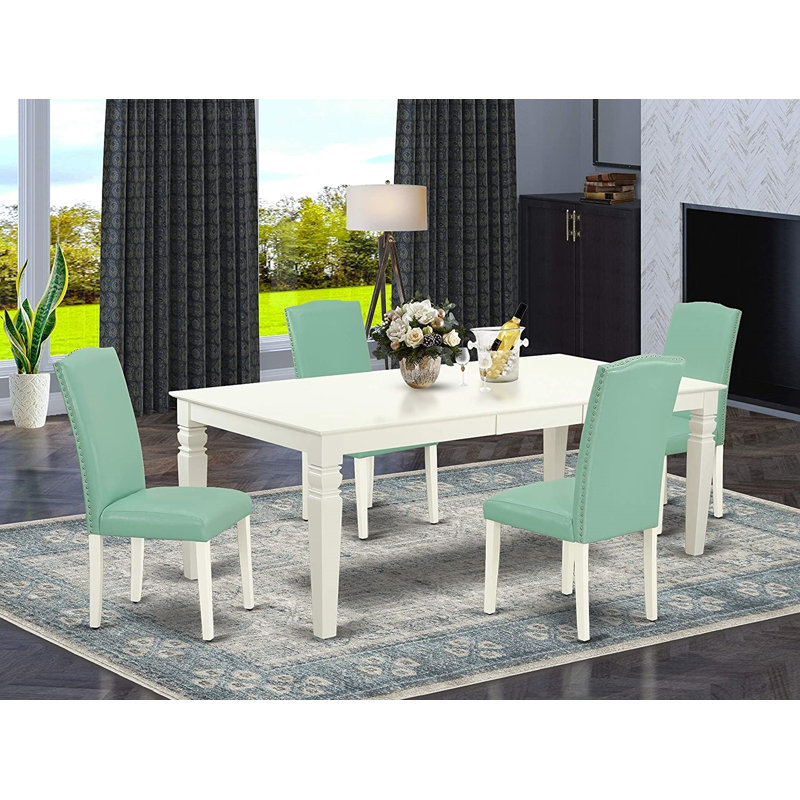 Ensemble de table de salle à manger 5 pièces comprenant une table de cuisine rectangulaire avec rallonge papillon et 4 chaises de salle à manger Parson en similicuir, blanc lin