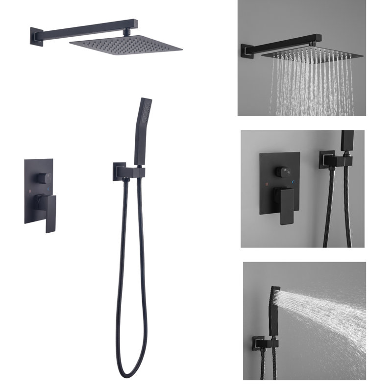 Système de douche complet à pression équilibrée avec valve brute, Noir mat