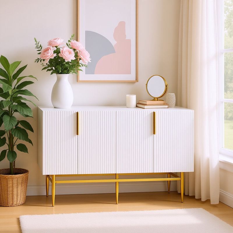 Buffet moderne avec pieds et poignées dorés, rangement à 4 portes avec tablettes réglables, pour la salle à manger, le salon et le vestibule
