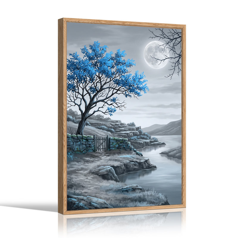 «Blue Tree and Stone Wall» par Moonlit River, art mural sur toile, H 48 po x l 36 po