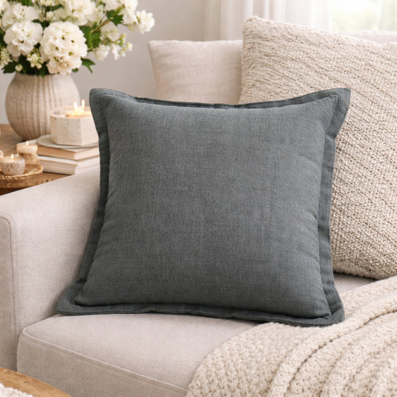 Throw Pillow | Linen Solid Pillow with Flanges | 22x22", Gray