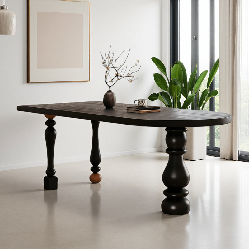 Table de salle à manger simple et rétro en bois massif noir