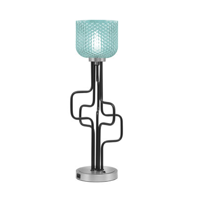 Amarmula Accent Lamp, With USB Ports, Matte Black & Graphite Finish, 6" Turquoise Textured Glass