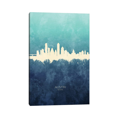 Austin Texas Skyline Navy Cyan by Michael Tompsett - 1 Piece Wrapped Canvas Wall Art