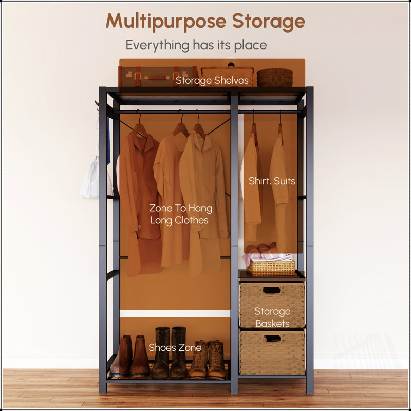 Supports à vêtements en bois d'acacia avec tablettes, 2 tiroirs en osier et 4 crochets pour l'organisation de placards robustes