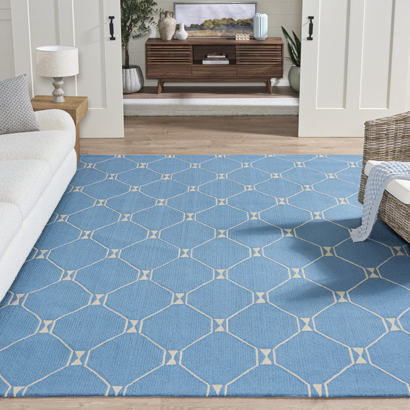 Tapis bleu / ivoire en coton touffeté à la main Asbed, Rectangle 8 pi x 10 pi