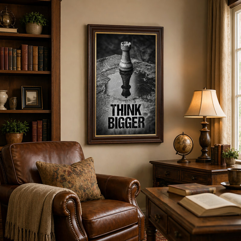 Art mural antique sur toile encadré doré pour le salon, la chambre à coucher, le bureau ou le vestibule - Décoration murale décorative avec «Think Bigger»