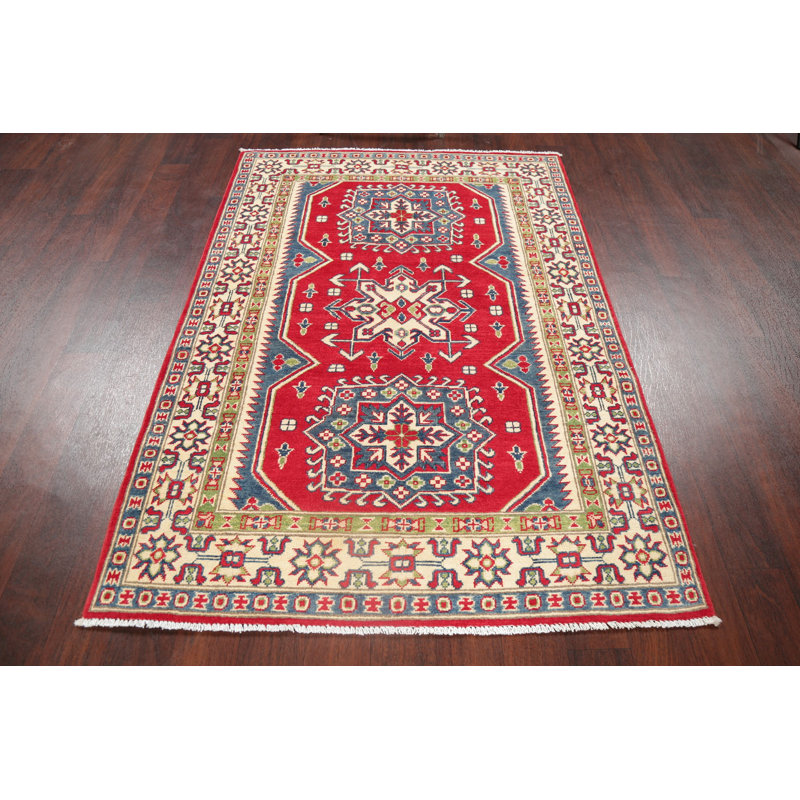 Tapis unique en laine noué à la main Kazak rouge / or 4 pi 1 po x 5 pi 10 po Ekbote