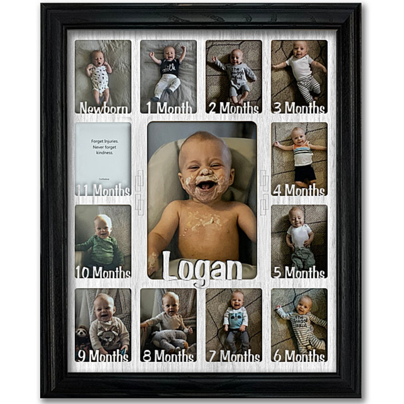 Personalized Baby First Year Picture Frame - Holds 12 Wallets and 1 5x7 Photo - 11x14, Black, White