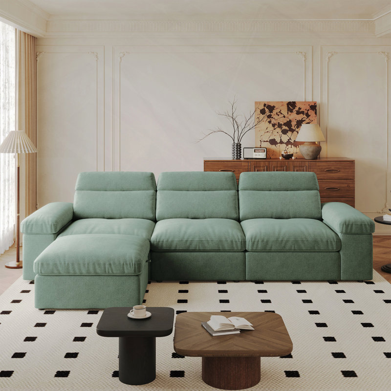 114.2'' Down-Filled Modular Sofa with Adjustable Recline Backrest and Storage Space, Dark Green, Dark Green