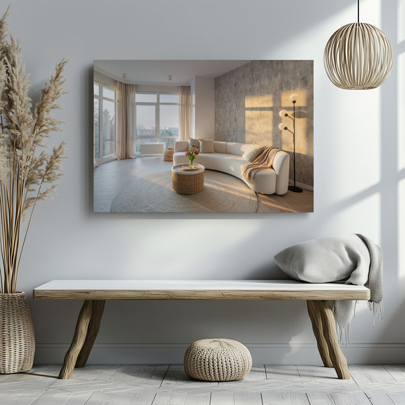 Toile, un salon scandinave moderne avec un élégant canapé mural blanc incurvé orné d'une jeté beige doux, H 9 po x l 12 po