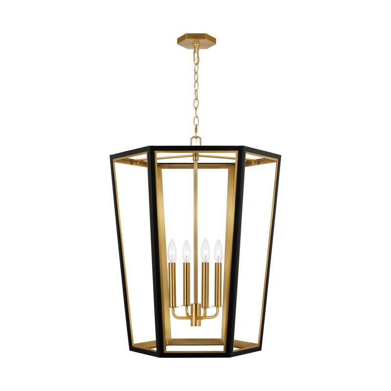 4 - Light Dimmable Lantern Geometric Chandelier, Midnight Black/Burnished Brass
