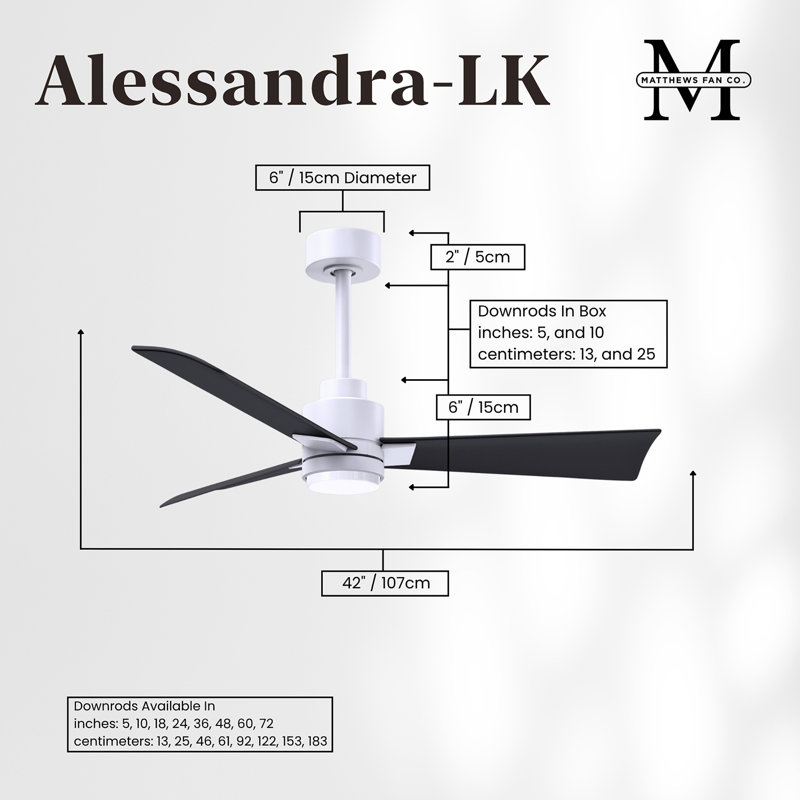 Alessandra - Three Blade Transitional Ceiling Fan -LED, Matte White, 42", Matte Black