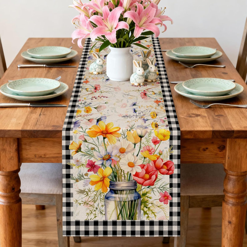 Chemin de table de printemps 13 x 72 pouces, décoration florale de printemps pour table, fête, maison - vase floral