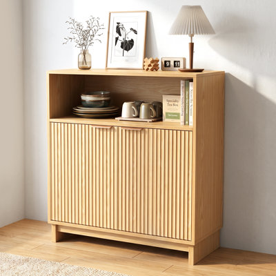 31.5" Fluted Buffet Cabinet with Open Shelf, 2-Door Natural Oak Sideboard & Coffee Bar Storage Cabinet