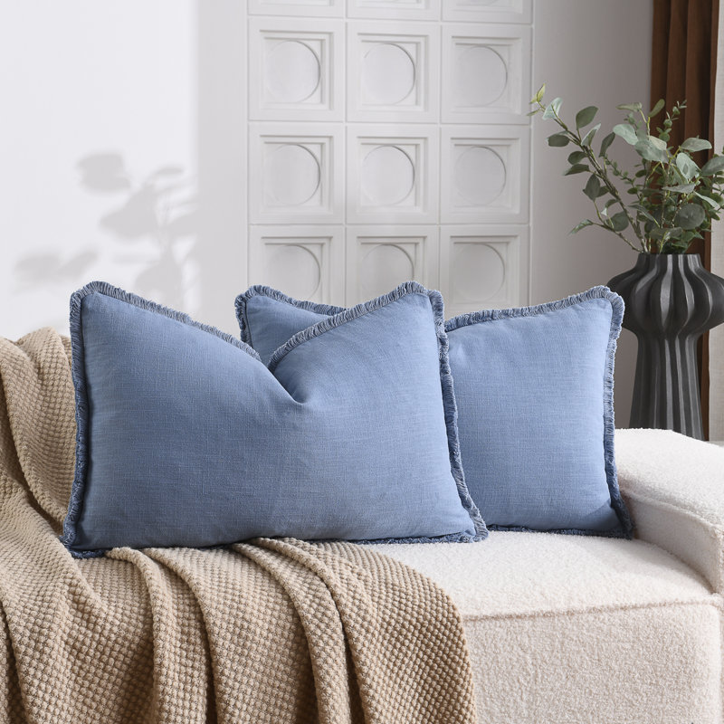 Housse de coussin en lin délavé texturé Boho Farmhouse, Bleu clair, Rectangle H 14 po x l 22 po