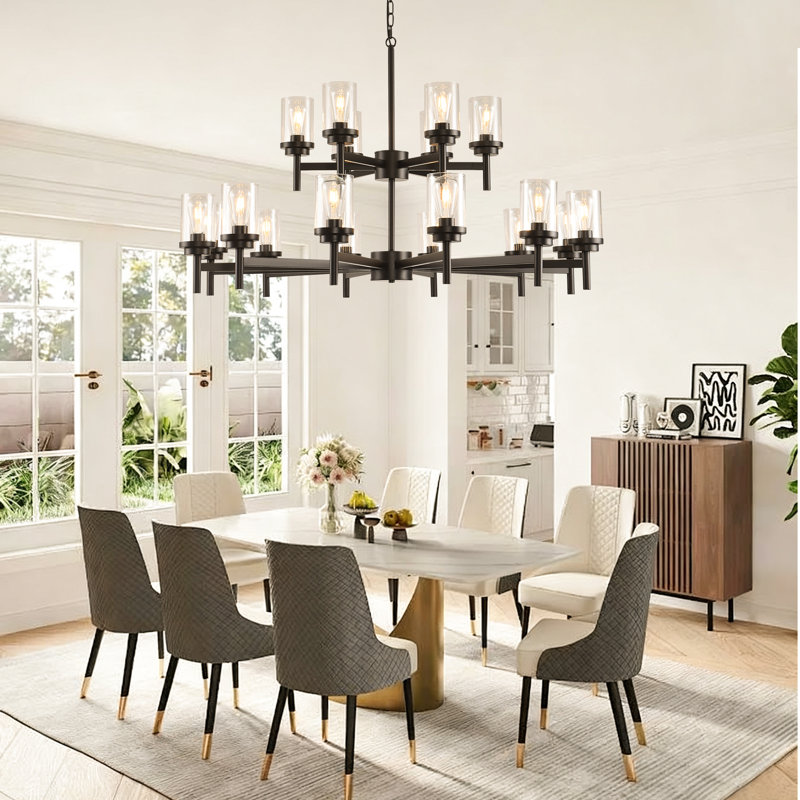18-Light Black Modern Chandelier, Dining Room Pendant Light Fixture with Clear Glass Shades, 18 Lights