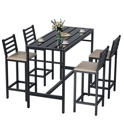 Ensemble de bar extérieur 5 pièces, table rectangulaire à hauteur de comptoir de 50 po et 4 tabourets en métal rembourrés de 41 po, table de bar et chaises pour le bord de la piscine, le balcon et la cour