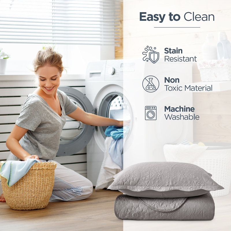 Ensemble de couvre-lit embossé à motif floral élégant avec taies décoratives - literie légère matelassée, lavable à la machine