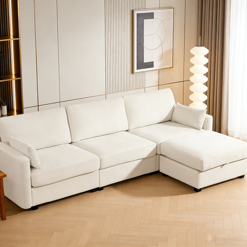 Canapé modulaire beige, canapé en L de 109 po avec repose-pieds de rangement pour le salon