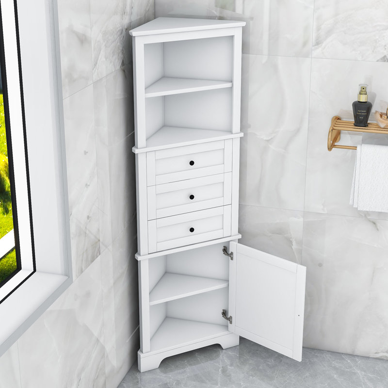Fetiere Freestanding Bathroom Cabinet, Triangle Tall Cabinet with Drawers and Adjustable Shelves, White