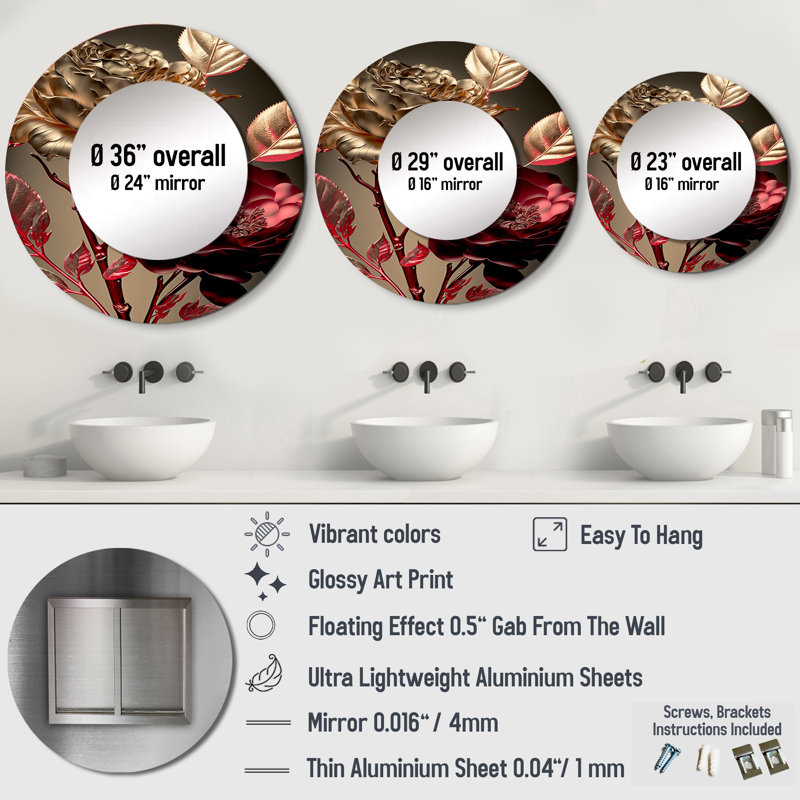 Sandel rétro Glam Rose VI - grand miroir floral, miroir mural rond rose, impression d'art en métal, 29 po x 29 po