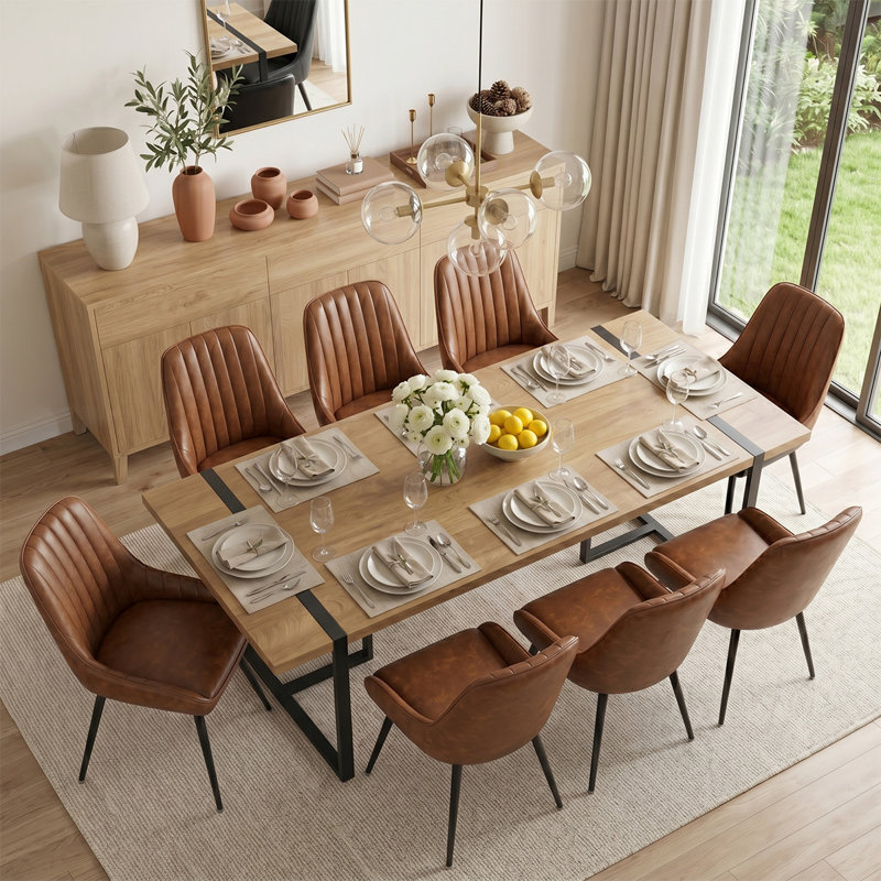 Ensemble de table de salle à manger rectangulaire 79 po avec 8 chaises en simili cuir Donelson, Brown