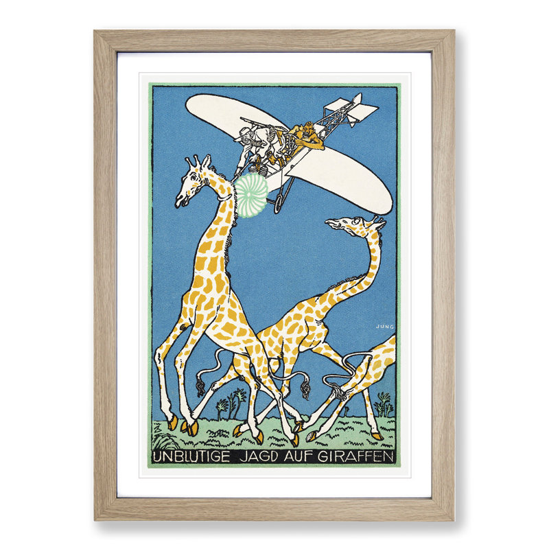 Giraffe Hunt by Moriz Jung - Picture Frame Painting, 48cm H x 36cm W x 2cm D, Oak Framed