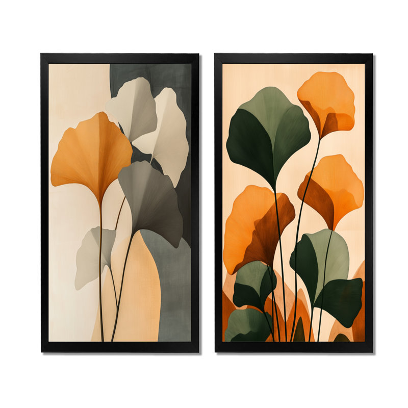 Feuilles de ginkgo d'automne I - Tableau encadré Ginkgo en 2 parties, 32" H x 32" W, Black Picture Framed