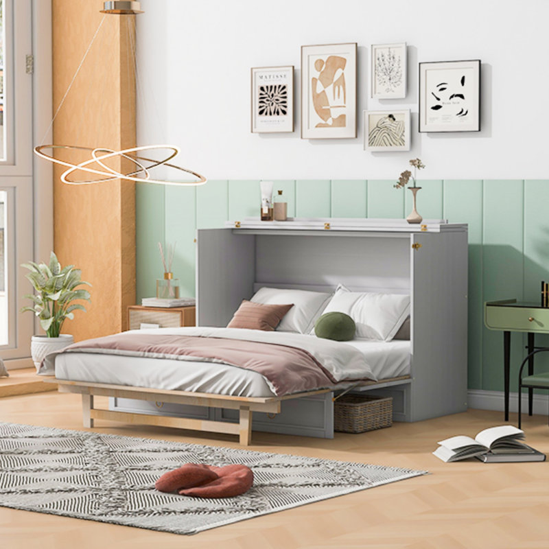 Grand lit escamotable avec grands tiroirs, Blanc, Grand lit